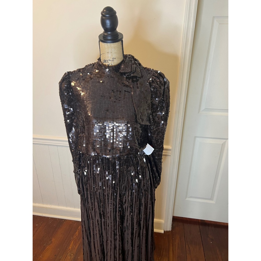 Mac Duggal 93642 Sequin Bow Shoulder Long Sleeve Midi cocktail Dress brown - Picture 9 of 16